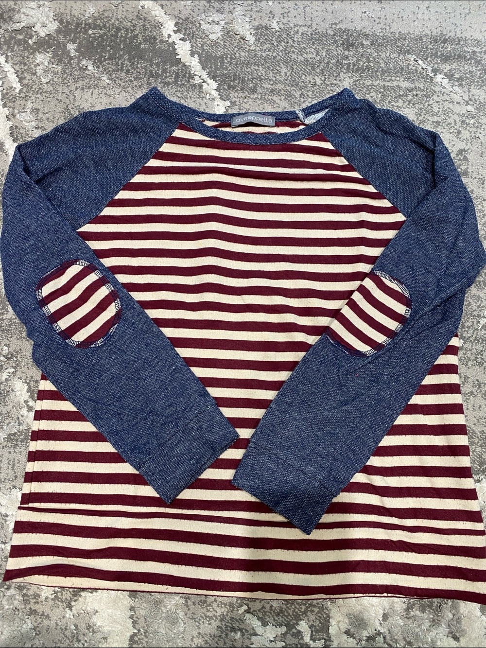 Olive & Oak Burgundy and Cream Striped Raglan Sweater with Blue Sleeves